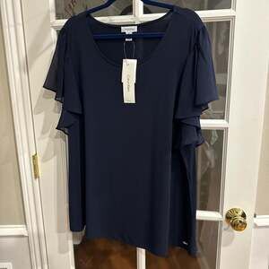 Calvin Klein Navy Blue Ruffle Sleeve Professional Blouse, New with Tags, Size 2X